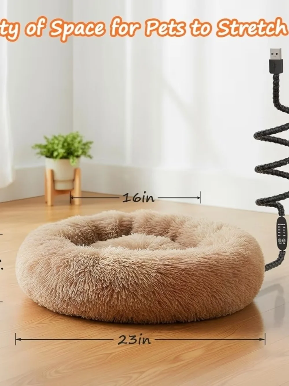 Heated Plush Cat Bed - Beige Heated Donut Pet Bed for Cats